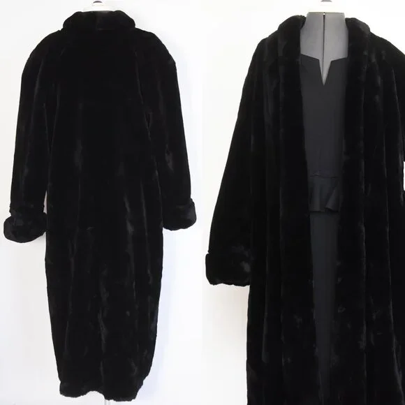 Black Long Plush Faux Fur Coat London Fog Winter Outerwear Coat Full Length 10 - Picture 2 of 9